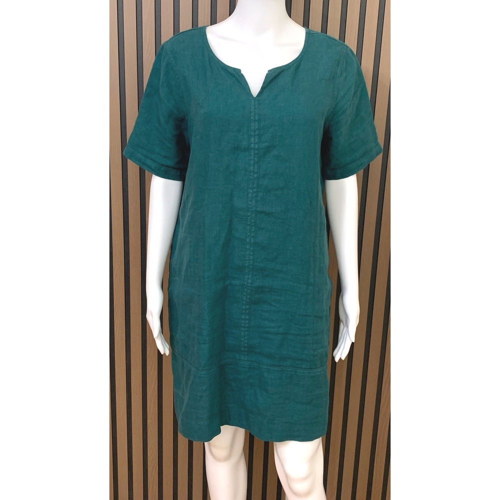 Pure Jill J Jill Teal Green 100% Linen Split Neck Shift Dress Medium‎ Petite MP